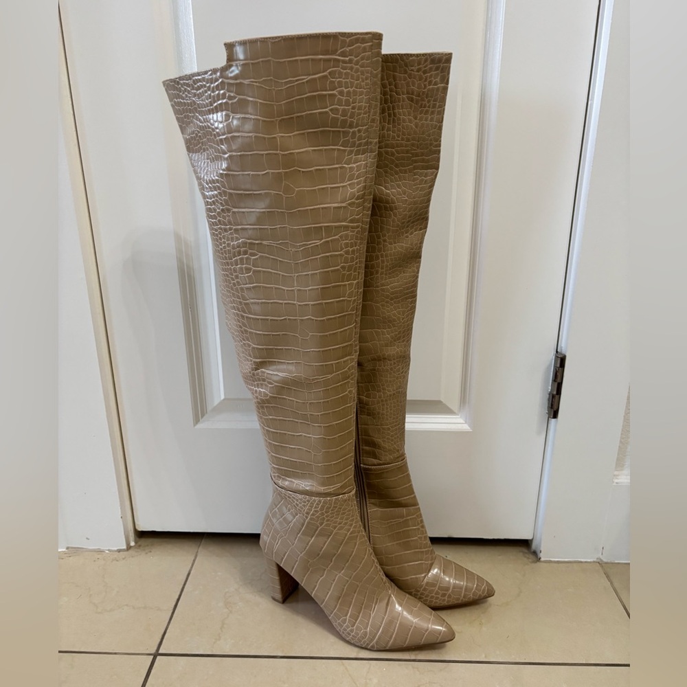 Fashion Nova Croc-Embossed Tan Over the Knee Boots